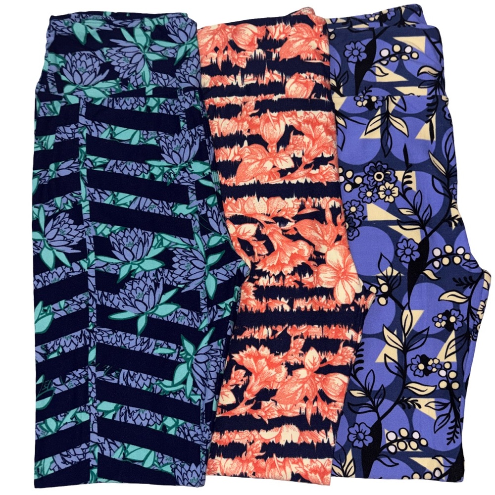 Lot of 3 LuLaRoe Leggings Size OS Floral Geometric Flowers Blue Cream Apricot